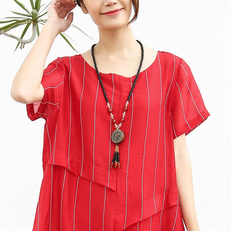 DIY Leinen Quiltkleider Lässiges Leinen Baumwolle Damen Kurzarm Streifen Weißes Kleid