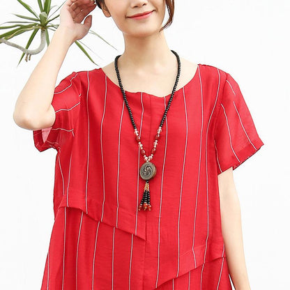 DIY Leinen Quiltkleider Lässiges Leinen Baumwolle Damen Kurzarm Streifen Weißes Kleid