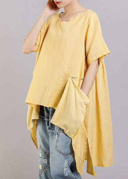 DIY linen tunic top Women Solid Pockets Short Sleeve Irregular Blouse - SooLinen
