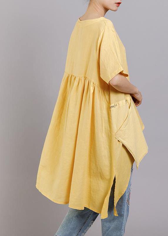 DIY linen tunic top Women Solid Pockets Short Sleeve Irregular Blouse - SooLinen