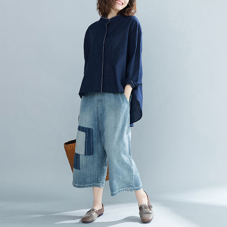 DIY marineblaue Baumwollkleidung für Damen Boutique-Stoffe Stehkragen übergroße Oberteile