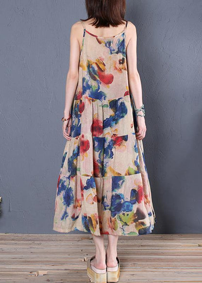 DIY navy print cotton dress Spaghetti Strap patchwork A Line summer Dress - SooLinen