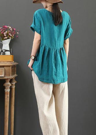 DIY o neck asymmetric linen cotton summer blue loose shirt - SooLinen