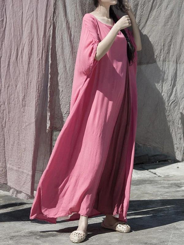 DIY o neck baggy cotton dress pattern pink Plus Size Dress - SooLinen