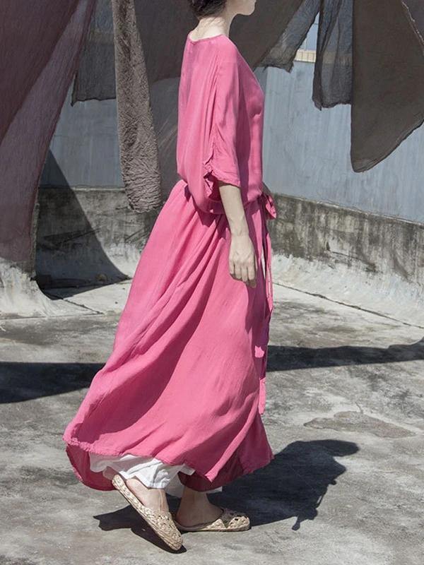 DIY o neck baggy cotton dress pattern pink Plus Size Dress - SooLinen