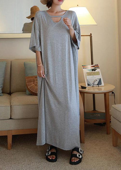 DIY o neck baggy cotton quilting clothes Outfits gray long Dresses - SooLinen