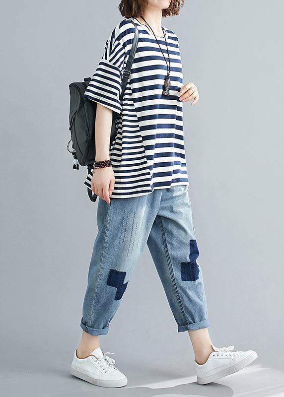 DIY o neck crane tops Tutorials navy striped blouse - SooLinen