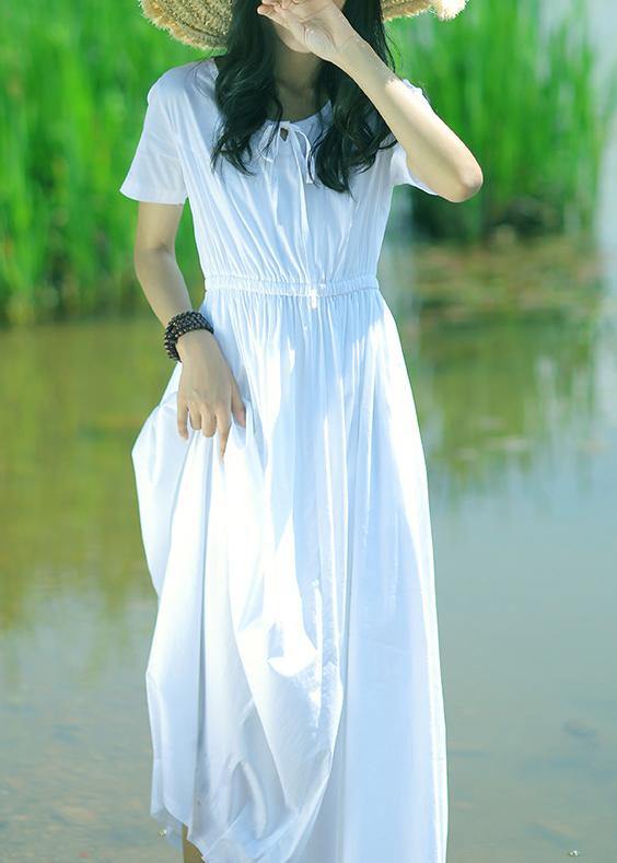 DIY o neck drawstring cotton tunic pattern Sleeve white A Line Dresses summer - SooLinen