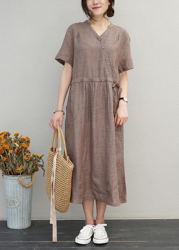 DIY o neck drawstring linen summer Wardrobes Sewing brown Dress - SooLinen