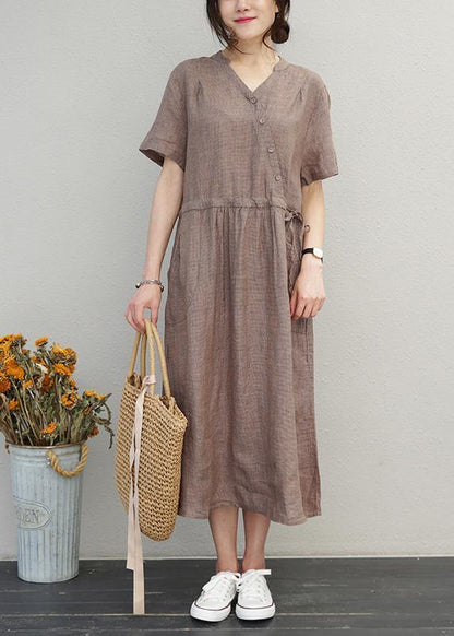 DIY o neck drawstring linen summer Wardrobes Sewing brown Dress - SooLinen