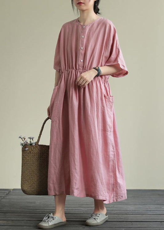 DIY o neck elastic waist linen summer dress Wardrobes pink Dresses - SooLinen