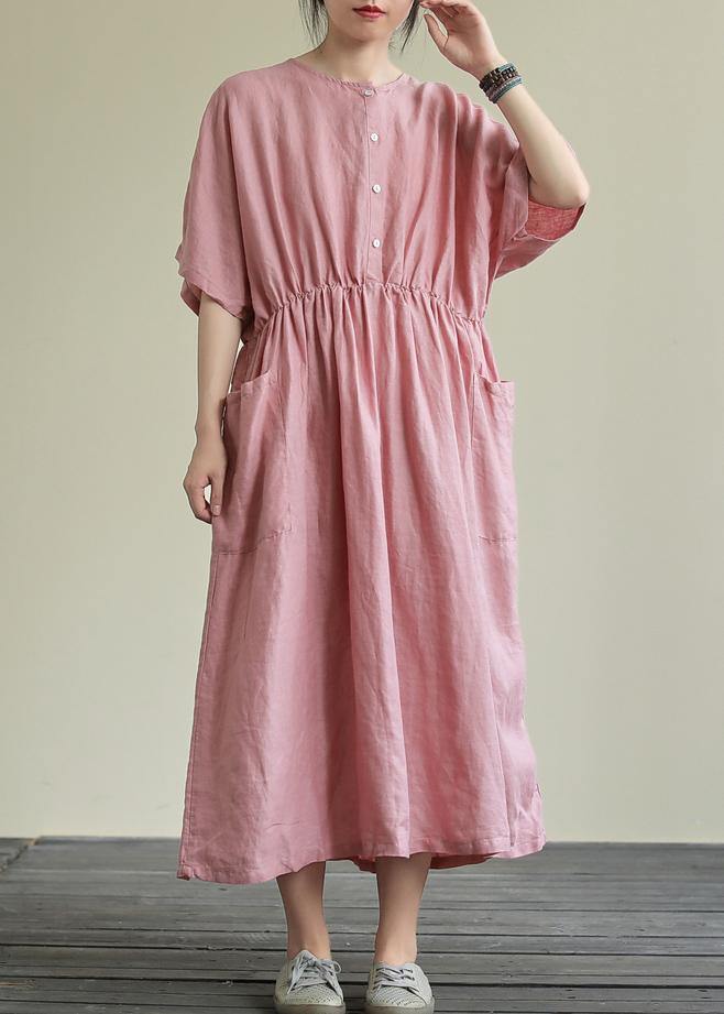 DIY o neck elastic waist linen summer dress Wardrobes pink Dresses - SooLinen