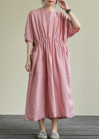 DIY o neck elastic waist linen summer dress Wardrobes pink Dresses - SooLinen