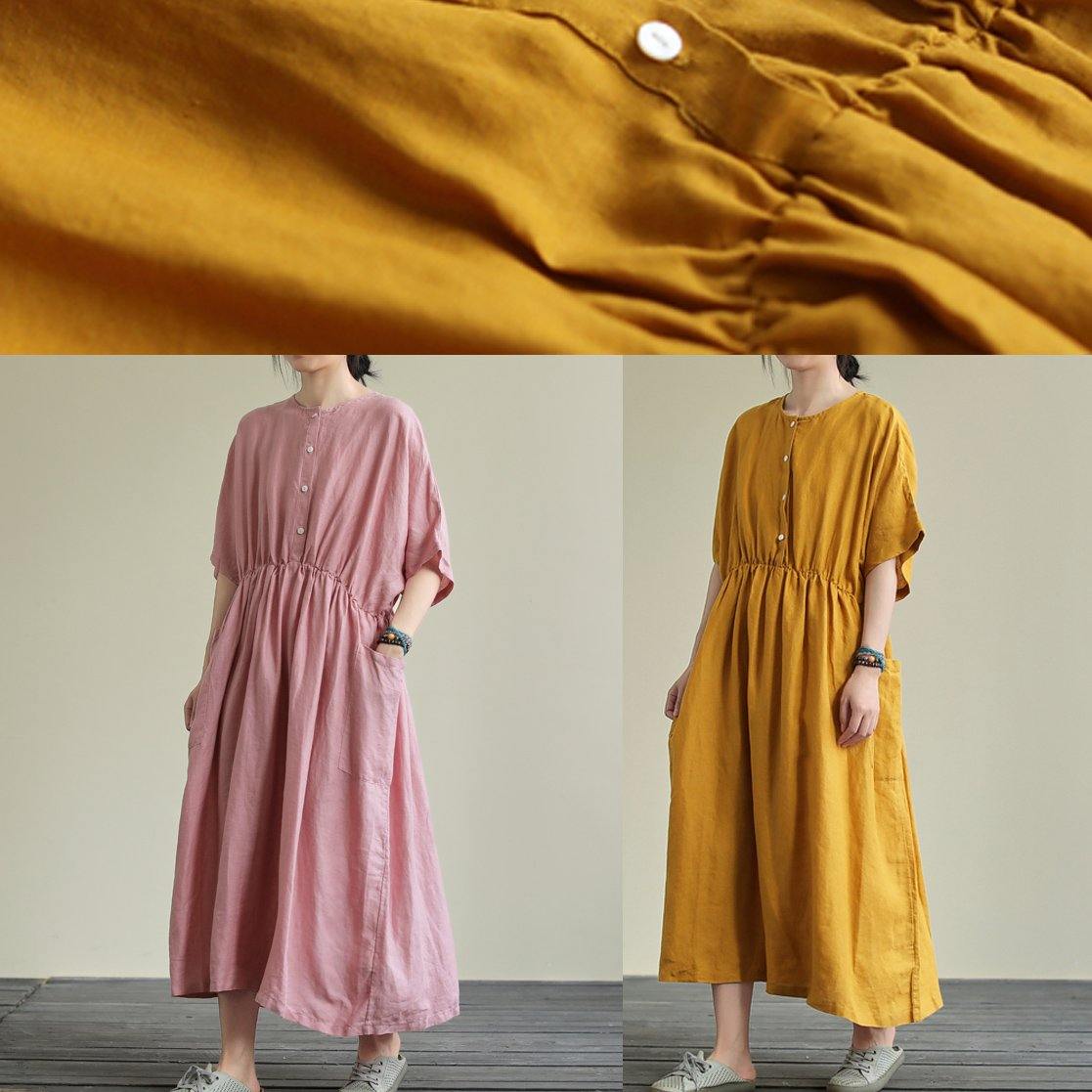 DIY o neck elastic waist linen summer dress Wardrobes pink Dresses - SooLinen