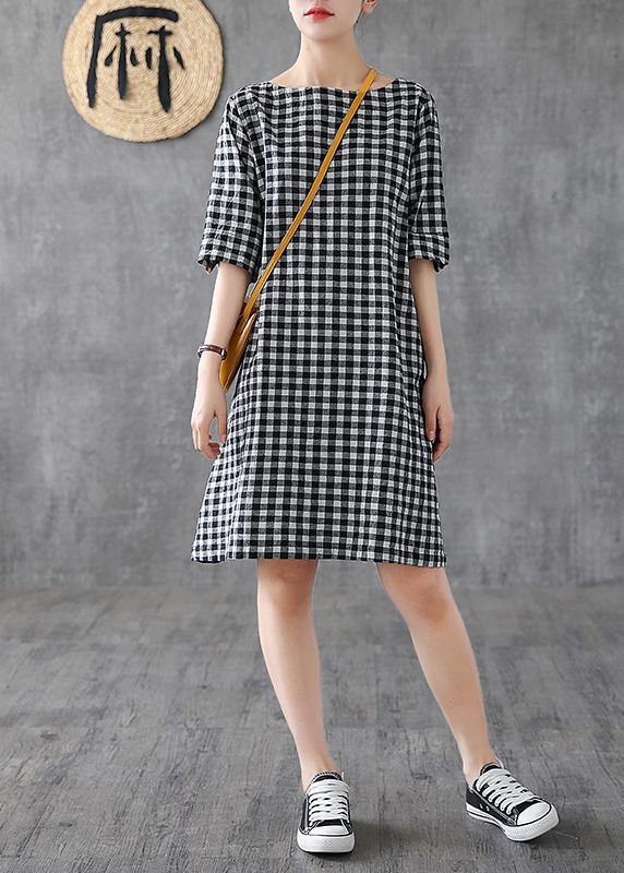 DIY o neck half sleeve cotton linen Wardrobes Outfits black plaid Dresses summer - SooLinen