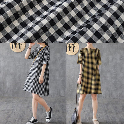 DIY o neck half sleeve cotton linen Wardrobes Outfits black plaid Dresses summer - SooLinen
