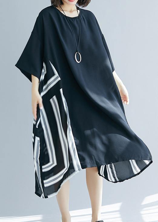 DIY o neck patchwork chiffon Long Shirts Fitted Life black striped Maxi Dresses Summer - SooLinen