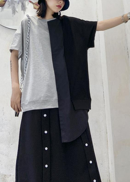 DIY o neck patchwork cotton summer women Inspiration gray blouse - SooLinen
