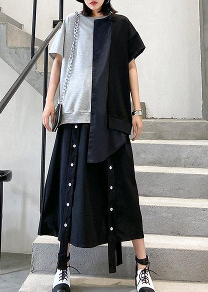 DIY o neck patchwork cotton summer women Inspiration gray blouse - SooLinen