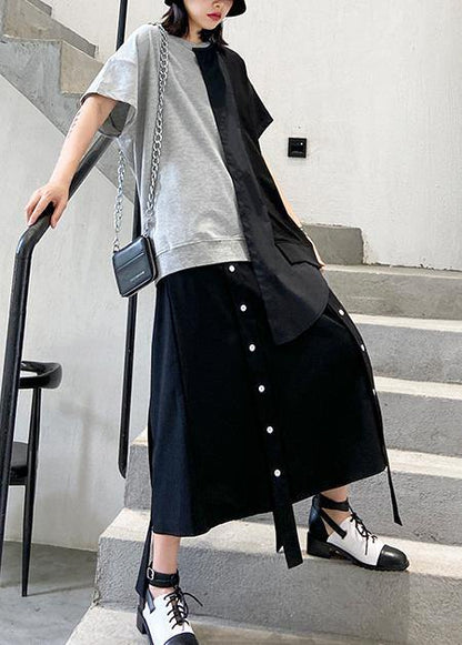 DIY o neck patchwork cotton summer women Inspiration gray blouse - SooLinen