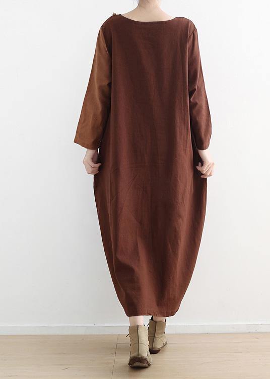 DIY o neck patchwork linen clothes For Women pattern chocolate Dresses fall - SooLinen