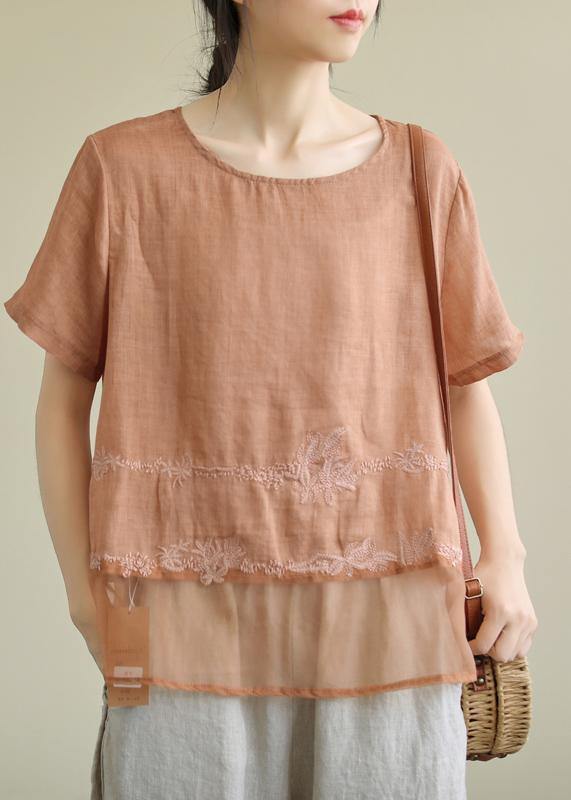 DIY o neck patchwork linen tunic top Tutorials orange embroidery blouses - SooLinen