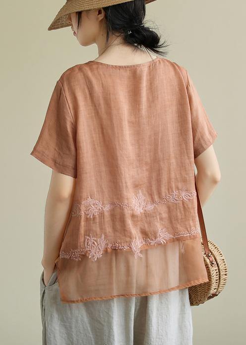 DIY o neck patchwork linen tunic top Tutorials orange embroidery blouses - SooLinen