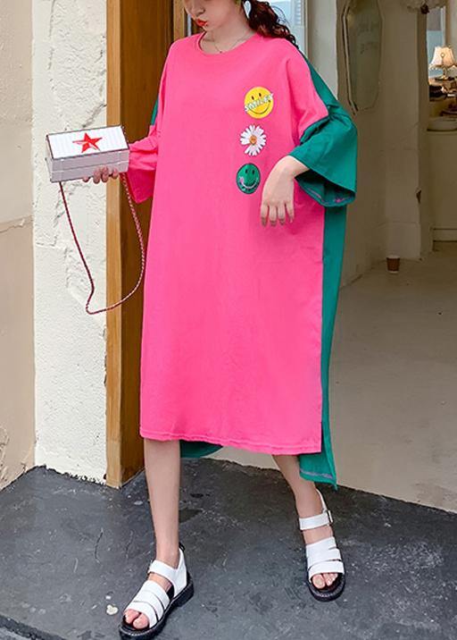 DIY o neck patchwork outfit Tutorials rose Smiley print loose Dresses - SooLinen