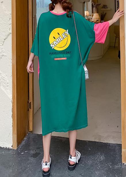 DIY o neck patchwork outfit Tutorials rose Smiley print loose Dresses - SooLinen