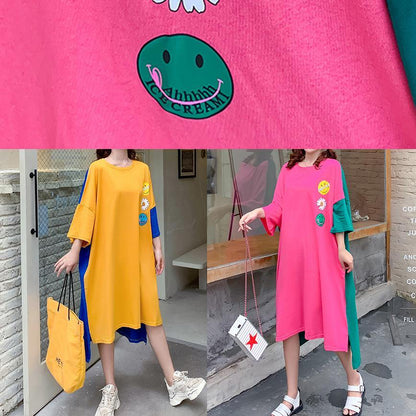 DIY o neck patchwork outfit Tutorials rose Smiley print loose Dresses - SooLinen