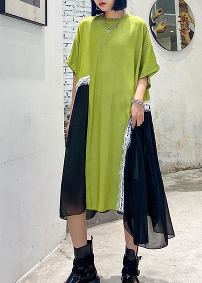 DIY o neck patchwork tulle cotton Neckline green Maxi Dresses - SooLinen