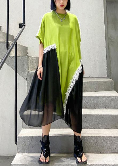 DIY o neck patchwork tulle cotton Neckline green Maxi Dresses - SooLinen