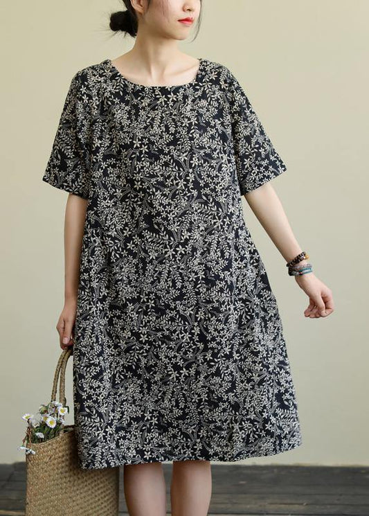 DIY o neck pockets linen summer dress pattern black print Dresses - SooLinen