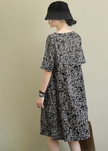 DIY o neck pockets linen summer dress pattern black print Dresses - SooLinen