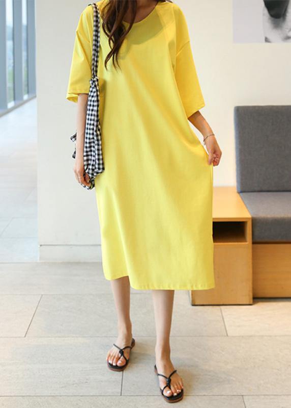 DIY o neck side open cotton Tunics Shape yellow long Dress - SooLinen