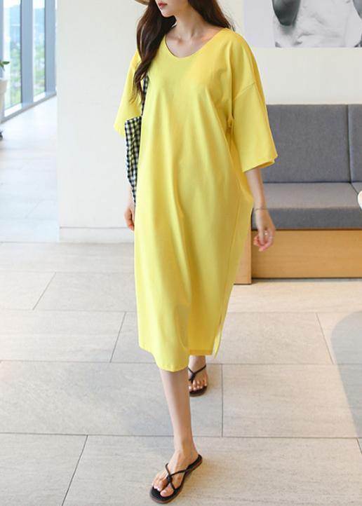DIY o neck side open cotton Tunics Shape yellow long Dress - SooLinen