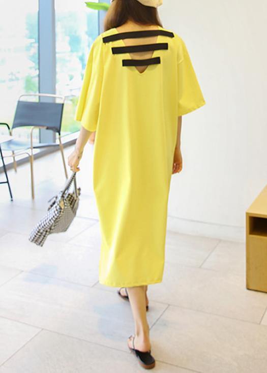 DIY o neck side open cotton Tunics Shape yellow long Dress - SooLinen
