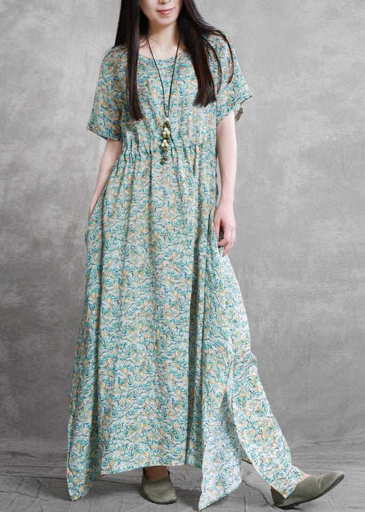 DIY o neck side open summer clothes For Women Outfits green print Dresses - SooLinen