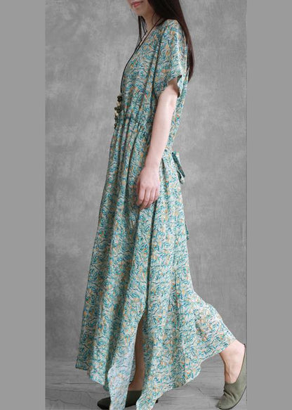 DIY o neck side open summer clothes For Women Outfits green print Dresses - SooLinen