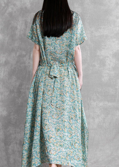 DIY o neck side open summer clothes For Women Outfits green print Dresses - SooLinen