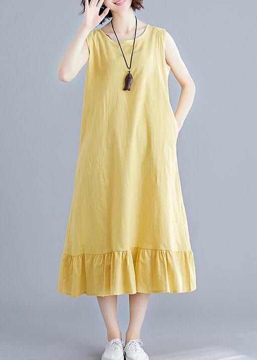 DIY o neck sleeveless linen clothes For Women Inspiration yellow Dresses summer - SooLinen