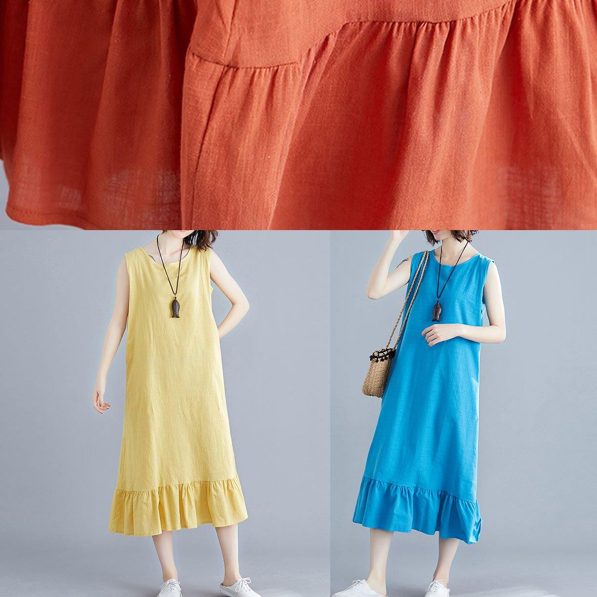 DIY o neck sleeveless linen clothes For Women Inspiration yellow Dresses summer - SooLinen