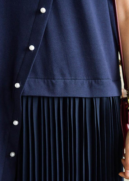 DIY o neck Cinched asymmetric Cotton Tunic Catwalk navy Dresses summer - SooLinen