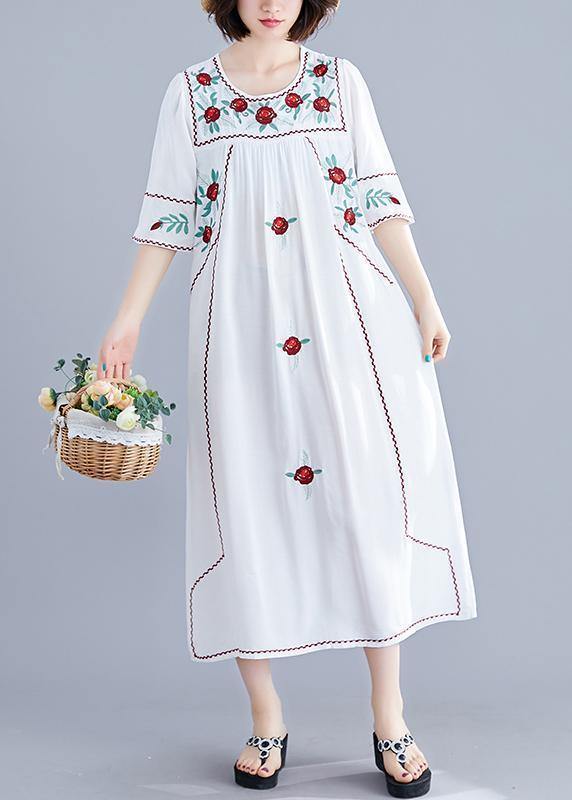 DIY o neck Cinched linen cotton clothes For Women Work white embroidery Dresses summer - SooLinen