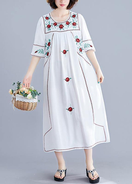 DIY o neck Cinched linen cotton clothes For Women Work white embroidery Dresses summer - SooLinen