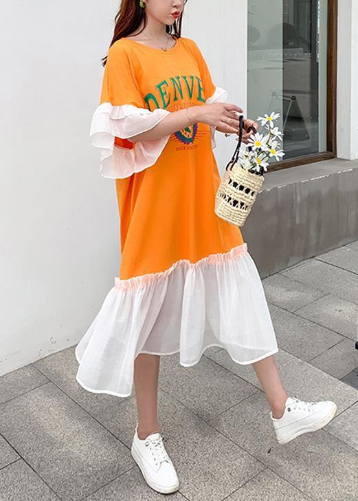 DIY patchwork cotton summerclothes For Women Tunic Tops yellow alphabet prints long Dress - SooLinen