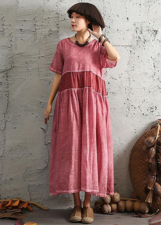 DIY patchwork linen outfit Photography orange o neck Dress summer - SooLinen