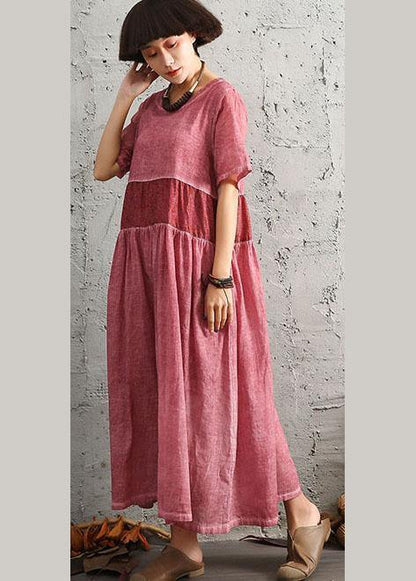 DIY patchwork linen outfit Photography orange o neck Dress summer - SooLinen