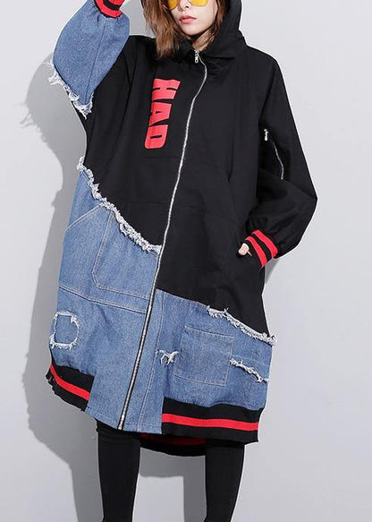 DIY patchwork fine box coat Tunic Tops zippered alphabet prints outwear - SooLinen