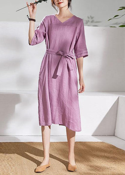 DIY pink purple linen dresses v neck tie waist shift summer Dresses - SooLinen
